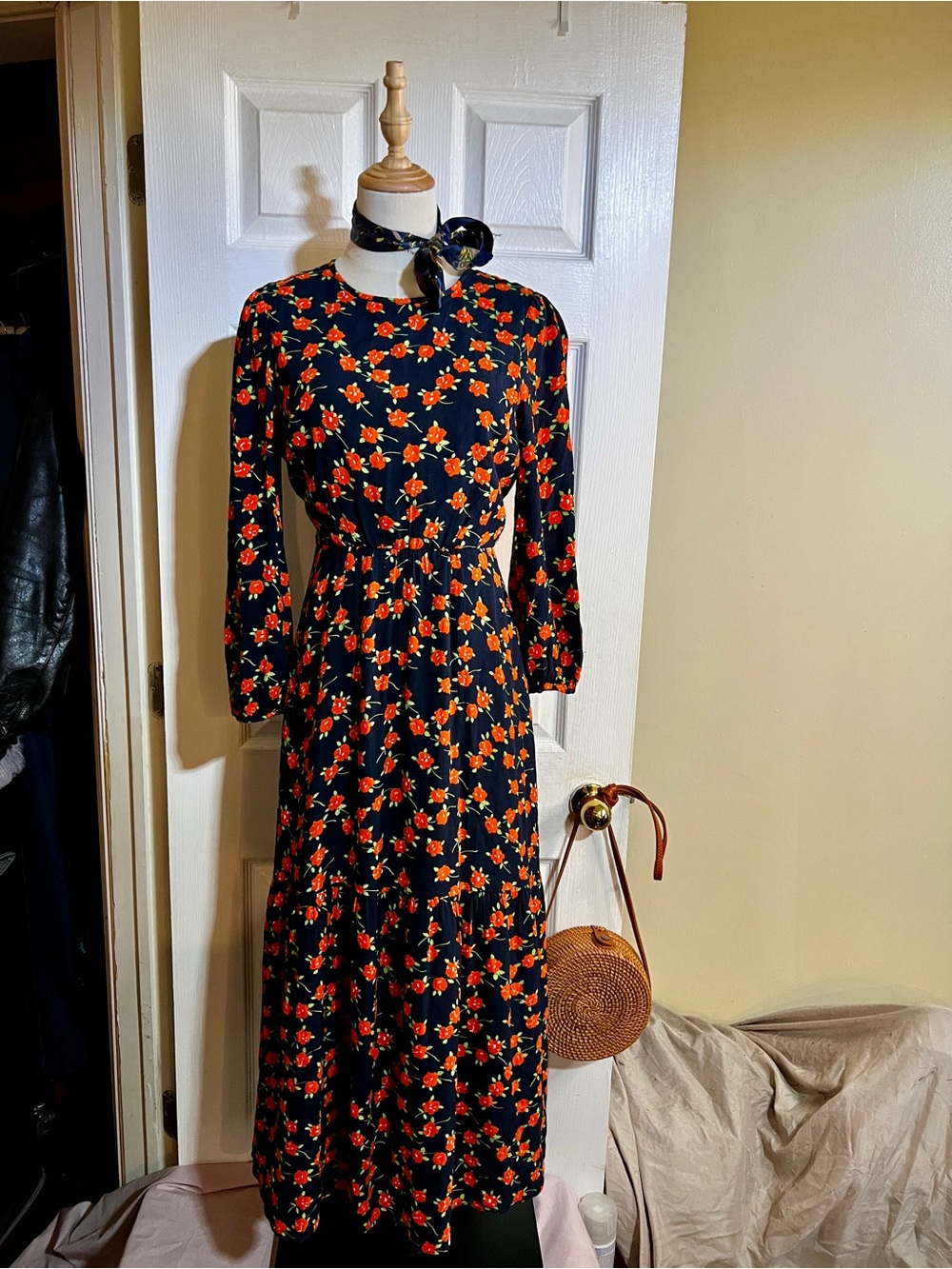 J Crew Wms Red Navy Floral Poppy Tiered Flowy Retro Cottagecore L/S Midi Dress 2